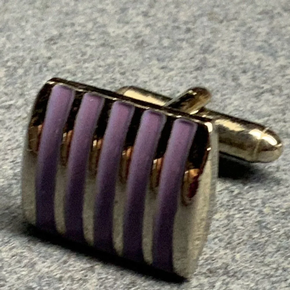 Single Cufflinks Lot Silver Light Purple Lilac Lavender Stripes Dark Blue Stone